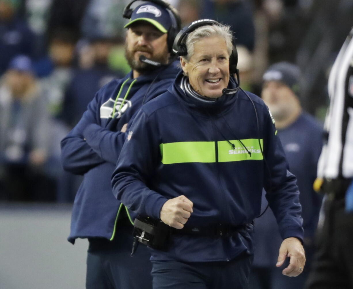 Seattle Seahawks head coach Pete Carroll reacts on the sideline during the second half of an NFL football game against the San Francisco 49ers, Sunday, Dec. 2, 2018, in Seattle.