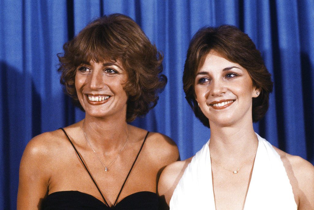 FILE - In this Sept. 9, 1979 file photo, Penny Marshal, left,l and Cindy Williams from the comedy series "Laverne &amp; Shirley" appear at the Emmy Awards in Los Angeles. Marshall died of complications from diabetes on Monday, Dec. 17, 2018, at her Hollywood Hills home. She was 75.