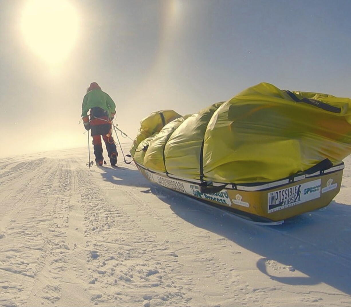 In this photo provided by Colin O’Brady, of Portland., Ore., he poses for a photo while traveling across Antarctica on Wednesday, Dec. 26, 2018. He has become the first person to traverse Antarctica alone without any assistance. O’Brady finished the 932-mile (1,500-kilometer) journey across the continent in 54 days, lugging his supplies on a sled as he skied in bone-chilling temperatures.