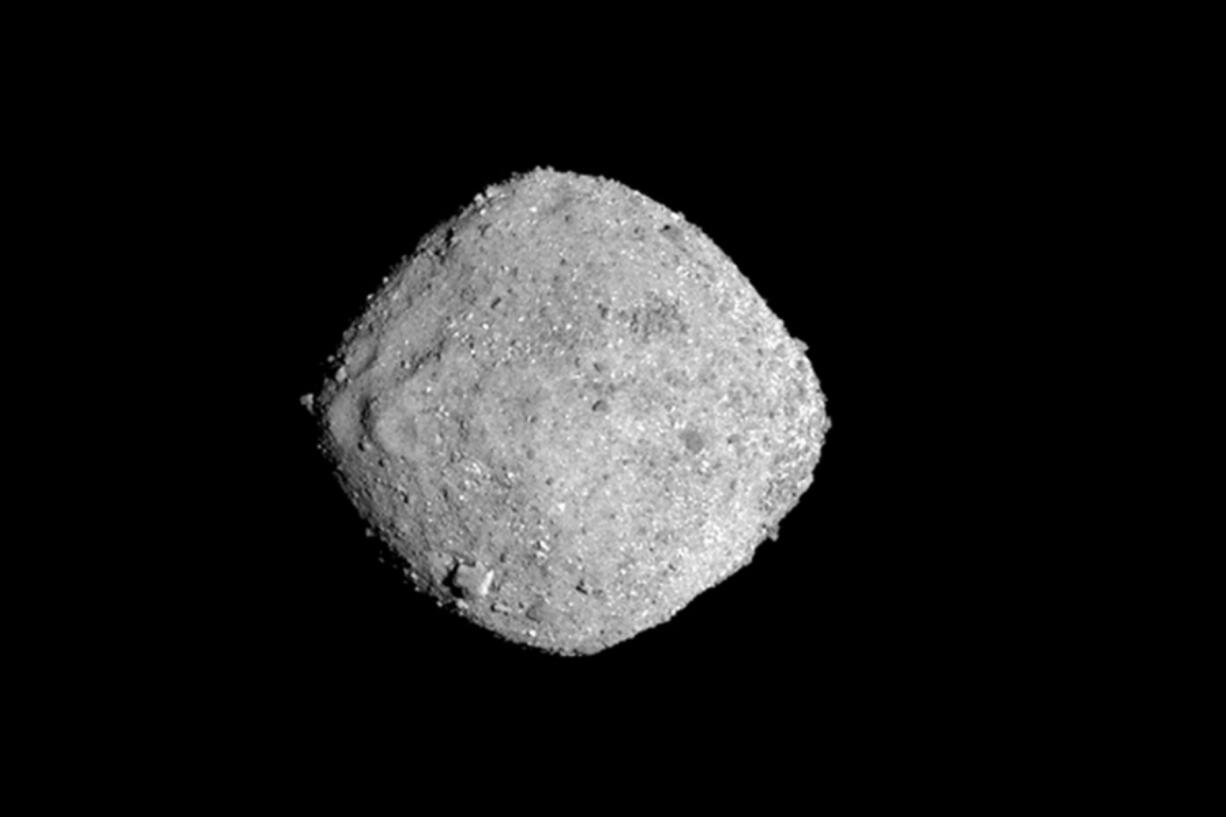 This Nov. 16, 2018, image provide by NASA shows the asteroid Bennu. After a two-year chase, a NASA spacecraft has arrived at the ancient asteroid Bennu, its first visitor in billions of years. The robotic explorer Osiris-Rex pulled within 12 miles (19 kilometers) of the diamond-shaped space rock Monday, Dec. 3. The image, which was taken by the PolyCam camera, shows Bennu at 300 pixels and has been stretched to increase contrast between highlights and shadows.