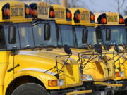 FILE - This Jan. 7, 2015 file photo shows public school buses parked in Springfield, Ill. Child abuse increases the day after school report cards are released -- but only when kids get their grades on a Friday, a Florida study released on Monday, Dec. 17, 2018 suggests.