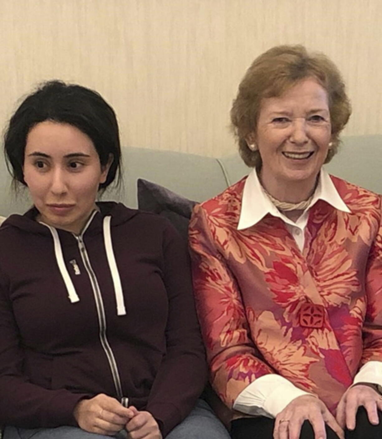 Sheikha Latifa bint Mohammed Al Maktoum, a daughter of Dubai’s ruler Sheikh Mohammed bin Rashid Al Maktoum, left, meets Mary Robinson, a former United Nations High Commissioner for Human Rights and former president of Ireland, in Dubai, United Arab Emirates. The UAE released the first images of Sheikha Latifa on Monday, months after friends and supporters say she disappeared following commandos storming a boat carrying her off the coast of India after she fled the Emirates.