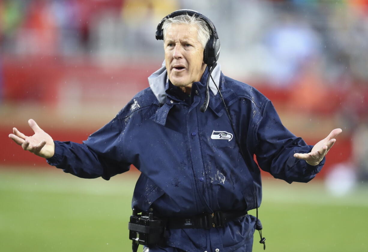 Seattle Seahawks head coach Pete Carroll gestures during the second half of an NFL football game against the San Francisco 49ers in Santa Clara, Calif., Sunday, Dec. 16, 2018.