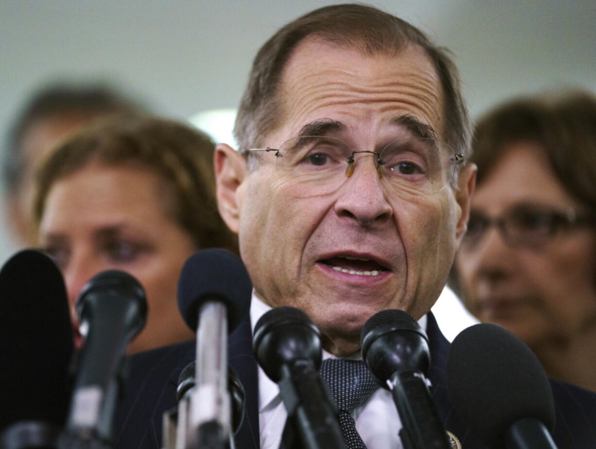 House Judiciary Committee ranking member Jerry Nadler, D-N.Y., talks to media during a Senate Judiciary Committee hearing on Capitol Hill in Washington. Nadler, the top Democrat on the House Judiciary Committee says he believes it would be an “impeachable offense” if it’s proven that President Donald Trump directed illegal hush-money payments to women during the 2016 campaign. But Nadler, who’s expected to chair the panel in January, says it remains to be seen whether that crime alone would justify Congress launching impeachment proceedings.