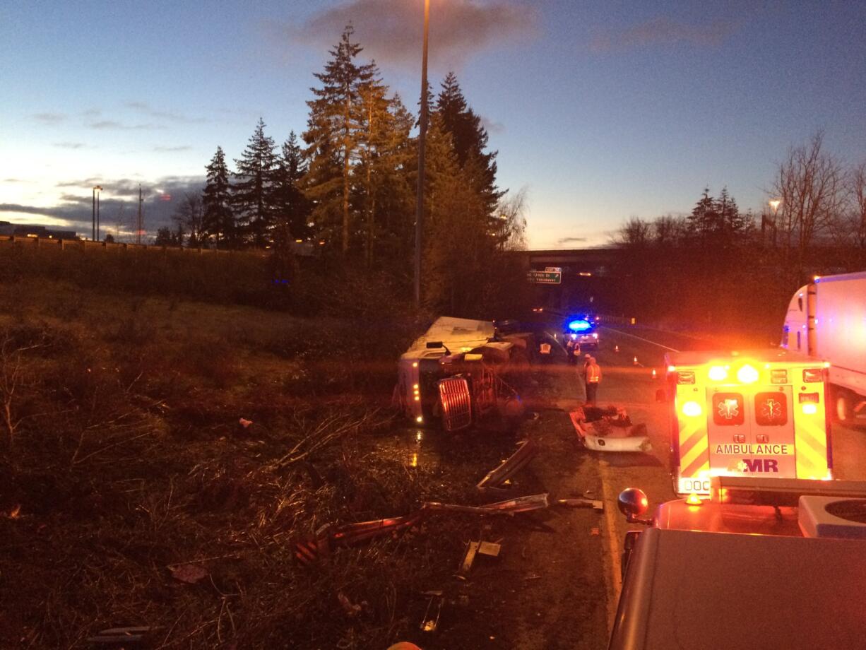 This tractor-trailer crashed on Interstate 205 near 20th Avenue in the Salmon Creek area around 6:50 a.m. and blocked a single lane of traffic, according to the Washington State Department of Transportation.