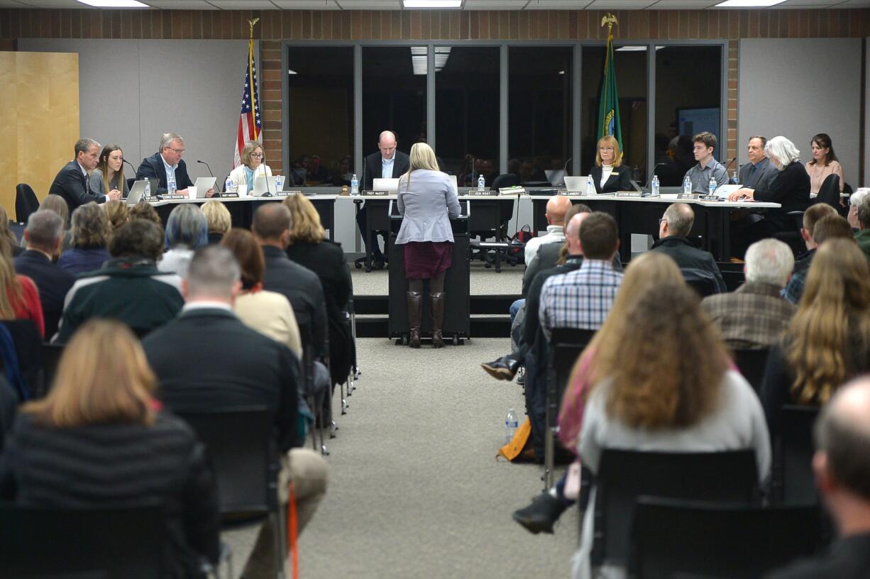 The Battle Ground Public Schools board meets during a district meeting Monday. The board discussed options for relieving overcrowding at some schools in the district.