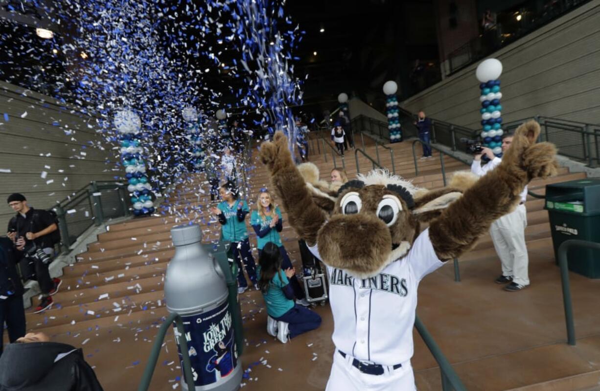 The Mariner Moose will be in Vancouver on Wednesday, Jan. 9, 2019, as part of the Seattle Mariners Caravan. (AP Photo/Ted S.