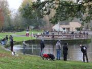 Anglers try their luck for rainbow trout recently at Klinline Pond north of Vancouver. Trout fishing is very good now all across Southwest Washington.