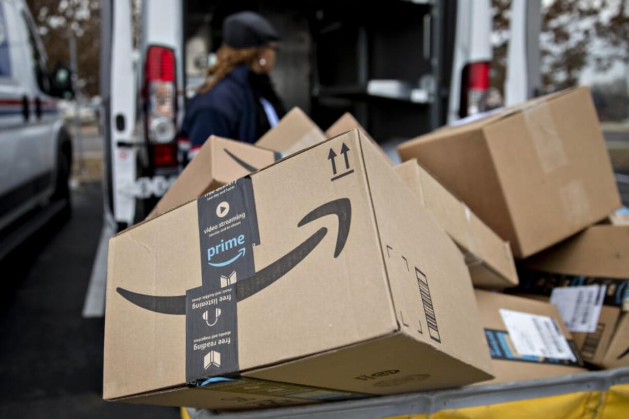 An Amazon package sits at a distribution center in Washington, D.C.