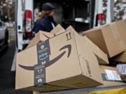 An Amazon package sits at a distribution center in Washington, D.C.