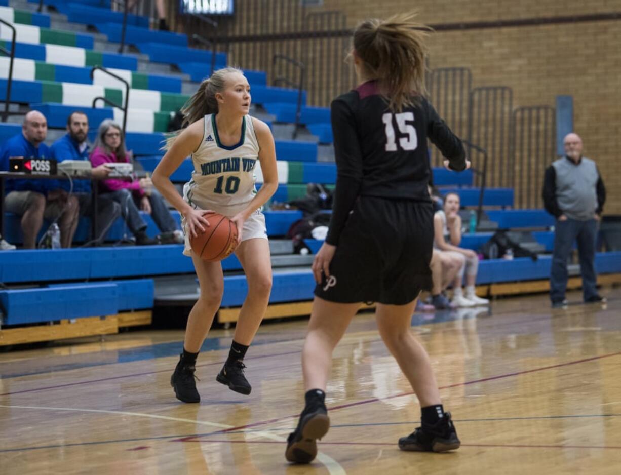 Mountain View’s Amalie Molvaer looks to pass during a JV basketball game against Prairie at Mountain View High.