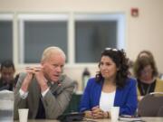 Representative Paul Harris, Ranking Member, House Education Committee, left, and Representative Monica Stonier, Vice-Chair, House Education Committee, speak to the Washington State Board of Education at Educational Service District 112 on Nov. 7.