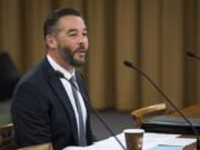 Vancouver city council candidate Erik Paulsen is interviewed by the council on Monday evening. Paulsen was appointed to fill the vacancy created when former Councilor Alishia Topper resigned Dec. 31. She was elected to serve as Clark County treasurer.