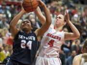 Camas’ Regan Cooke (4) gets position to block the shot of Skyview’s Mikelle Anthony (24) during Friday’s 4A Greater St. Helens League game at Camas High School.