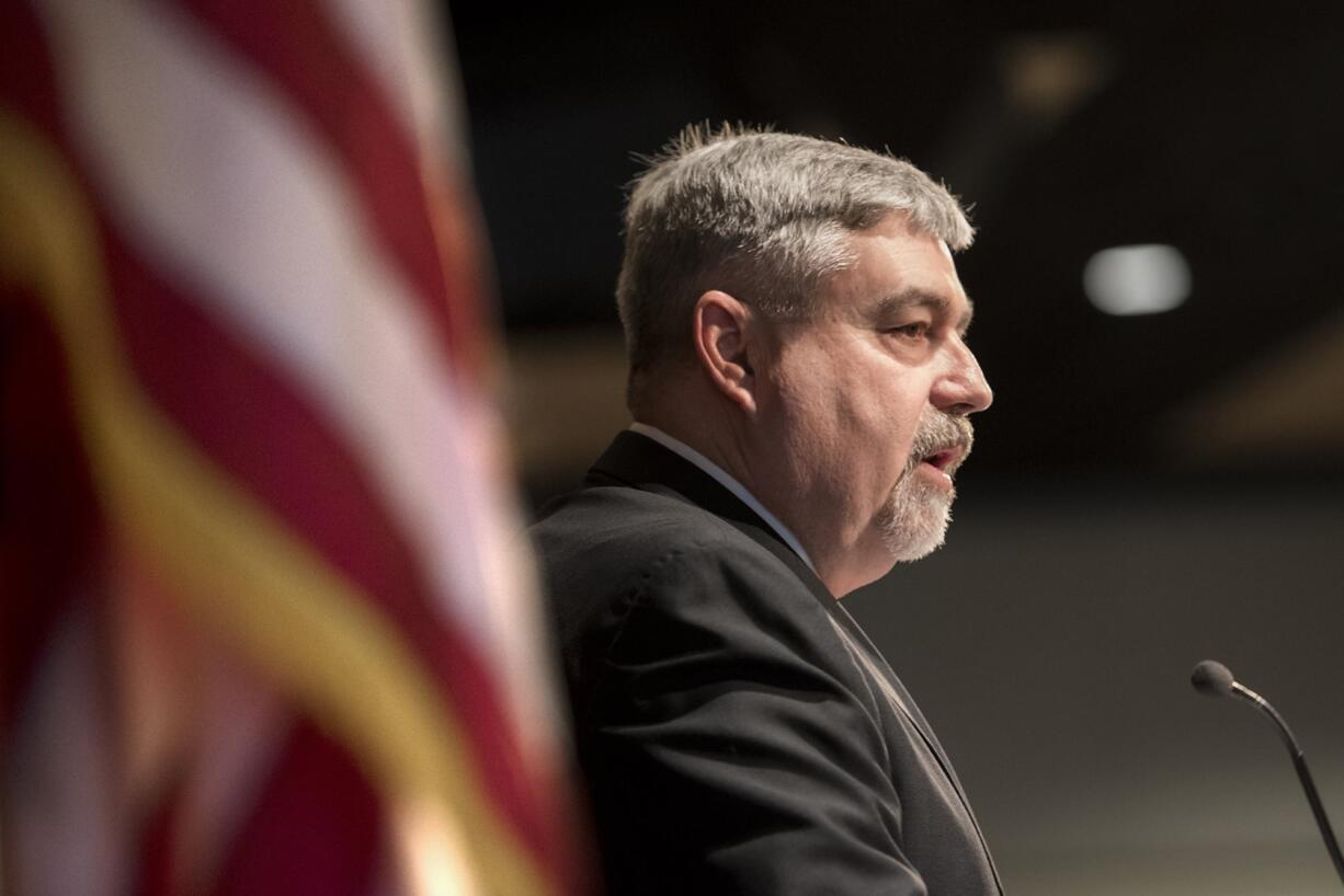 Clark College President Robert K. Knight speaks during the State of the College address on Jan. 17, 2019.