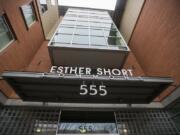 A sign for Esther Short Commons greets visitors on its Eighth Street side.