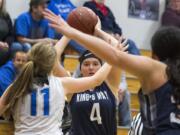 King’s Way’s Kira Zook (4) looks to pass Thursday night in La Center. King’s Way defeated La Center 39-27 to remain in first place in the Trico League.