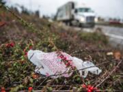 A plastic bag is seen near passing traffic on Interstate 5 near downtown Vancouver.