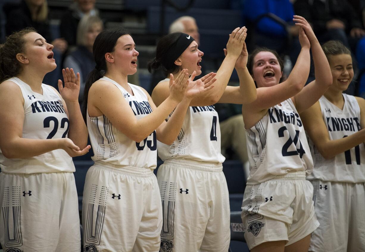 King's Way celebrates a basket during Thursday night's game against Stevenson at King's Way High School in Vancouver on Jan. 23, 2019.