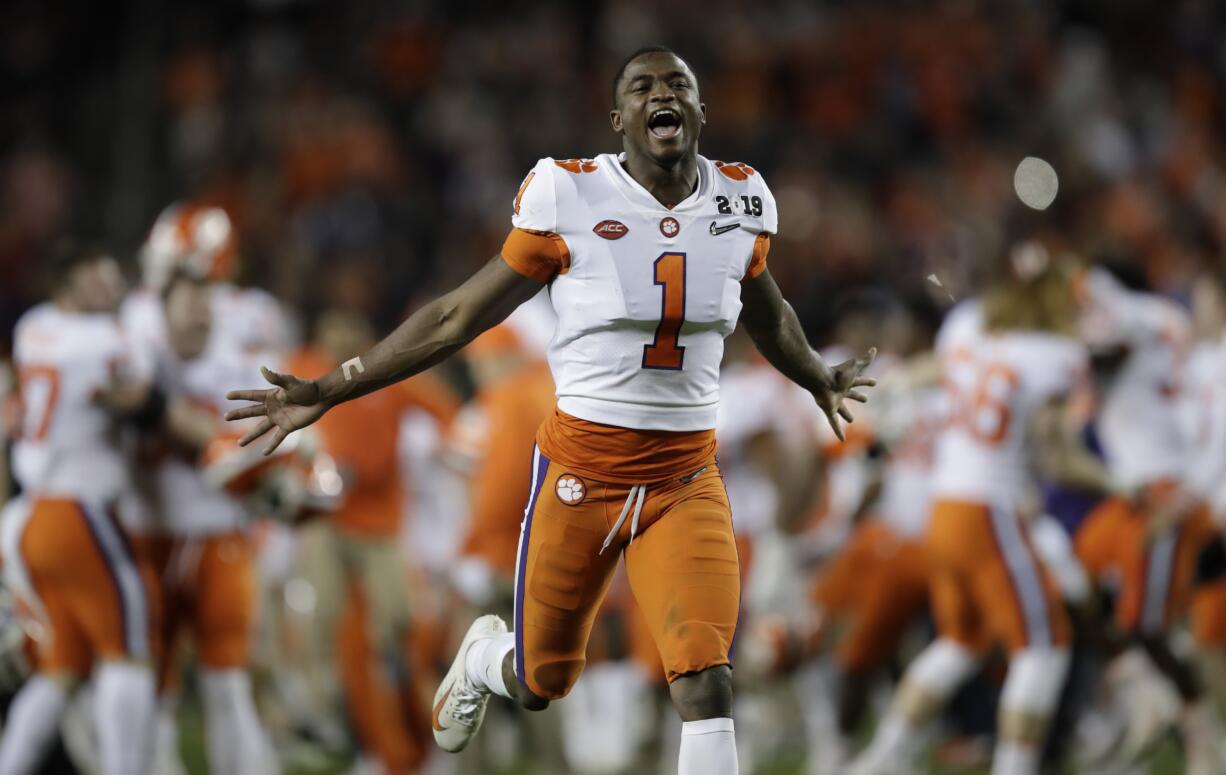 Clemson's Trayvon Mullen celebrates after the NCAA college football playoff championship game against Alabama, Monday, Jan. 7, 2019, in Santa Clara, Calif. Clemson beat Alabama 44-16.