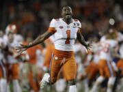 Clemson's Trayvon Mullen celebrates after the NCAA college football playoff championship game against Alabama, Monday, Jan. 7, 2019, in Santa Clara, Calif. Clemson beat Alabama 44-16.