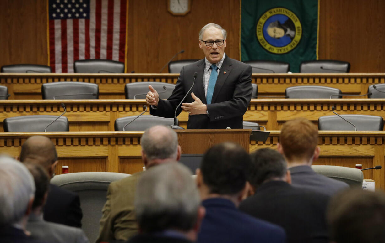 Washington Gov. Jay Inslee speaks during the Associated Press Legislative Preview, Thursday, Jan. 10, 2019, at the Capitol in Olympia, Wash. The Legislature opens the 2019 session on Monday, Jan. 14, 2019. (AP Photo/Ted S.