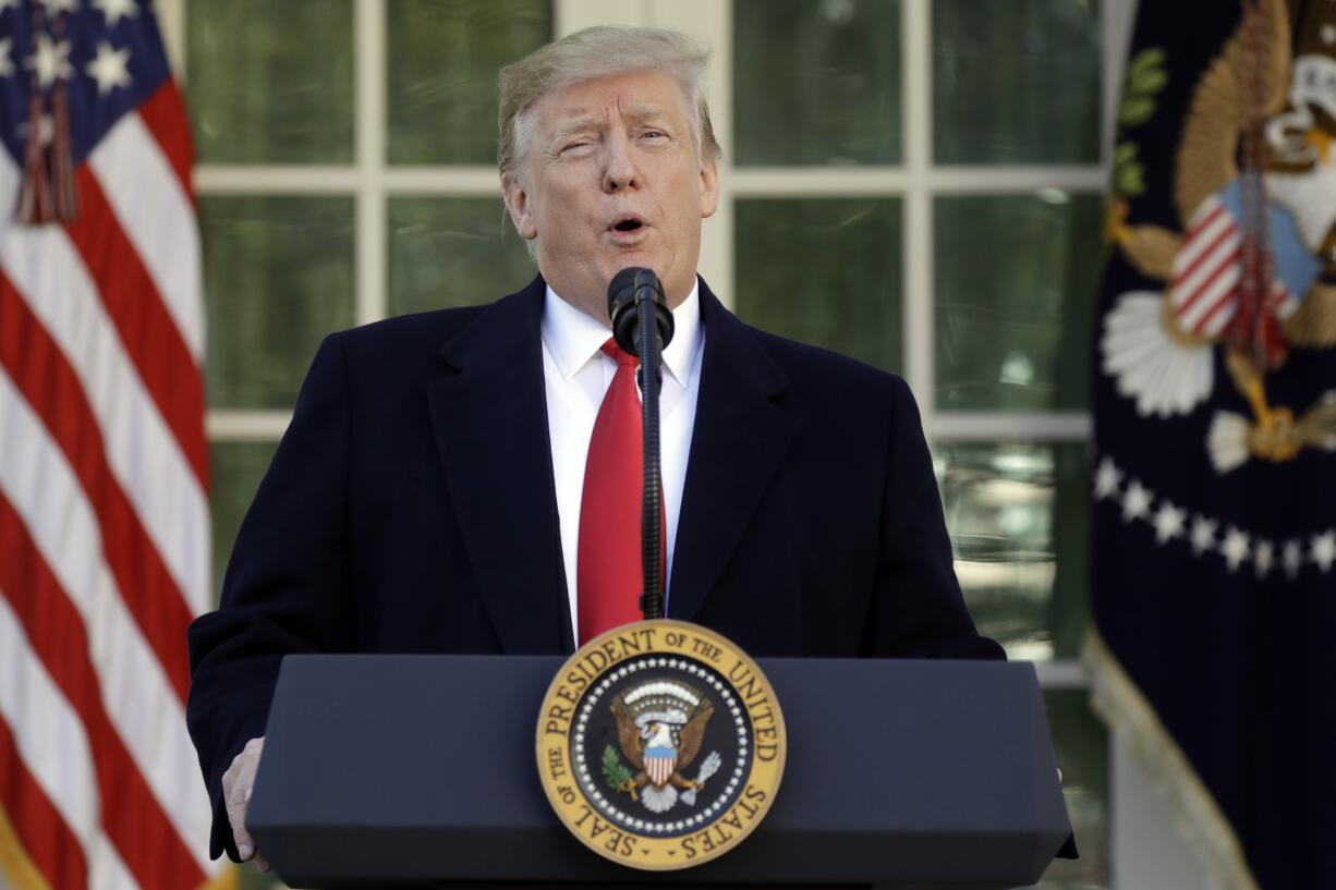 President Donald Trump speaks in the Rose Garden of the White House, Friday, Jan 25, 2019, in Washington.