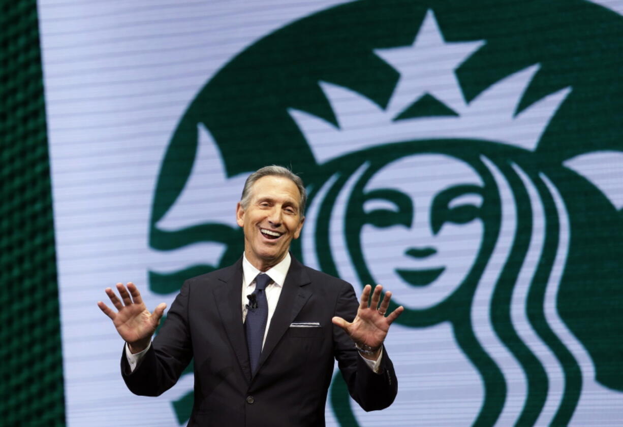 FILE - In this March 22, 2017 file photo, Starbucks CEO Howard Schultz speaks at the Starbucks annual shareholders meeting in Seattle. For someone who has given about $150,000 to Democratic campaigns over the years, Schultz is generating tepid, or even hostile, responses within the party as he weighs a presidential bid in 2020. That’s because reports have suggested he’s considering running as an independent, a prospect that could draw support away from the eventual Democratic nominee and hand President Donald Trump another four years in office, many fret.