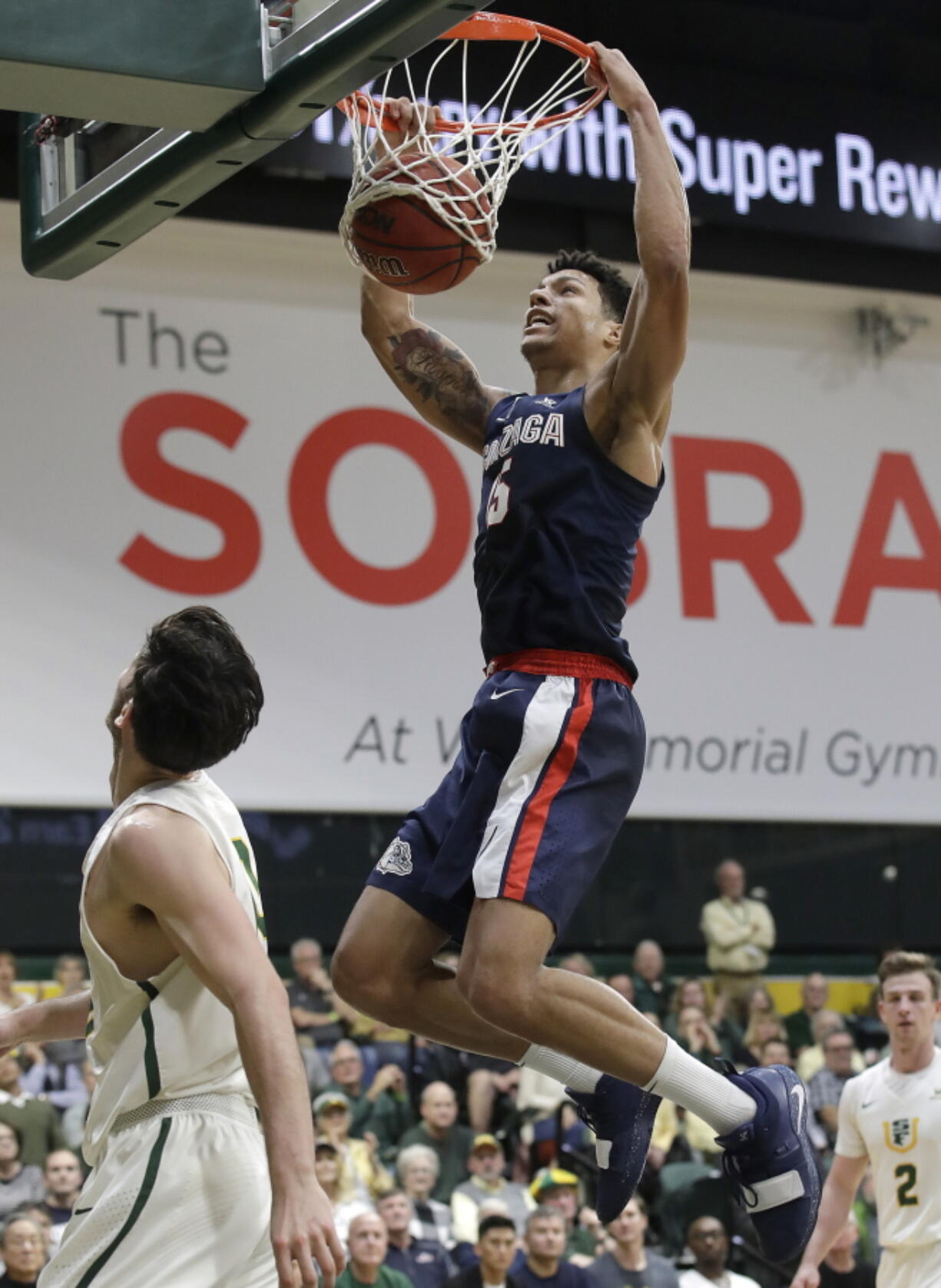 Gonzaga forward Brandon Clarke dunks against San Francisco during the first half of an NCAA college basketball game in San Francisco, Saturday, Jan. 12, 2019.