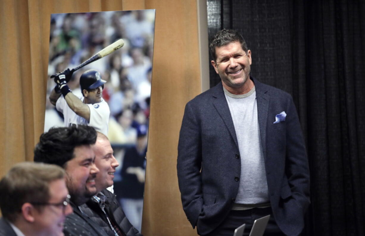 Former Seattle Mariners designated hitter Edgar Martinez smiles as he is introduced at a news conference Tuesday, Jan. 29, 2019, in Seattle. Martinez was elected to baseball’s Hall of Fame last week.