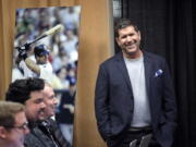 Former Seattle Mariners designated hitter Edgar Martinez smiles as he is introduced at a news conference Tuesday, Jan. 29, 2019, in Seattle. Martinez was elected to baseball’s Hall of Fame last week.