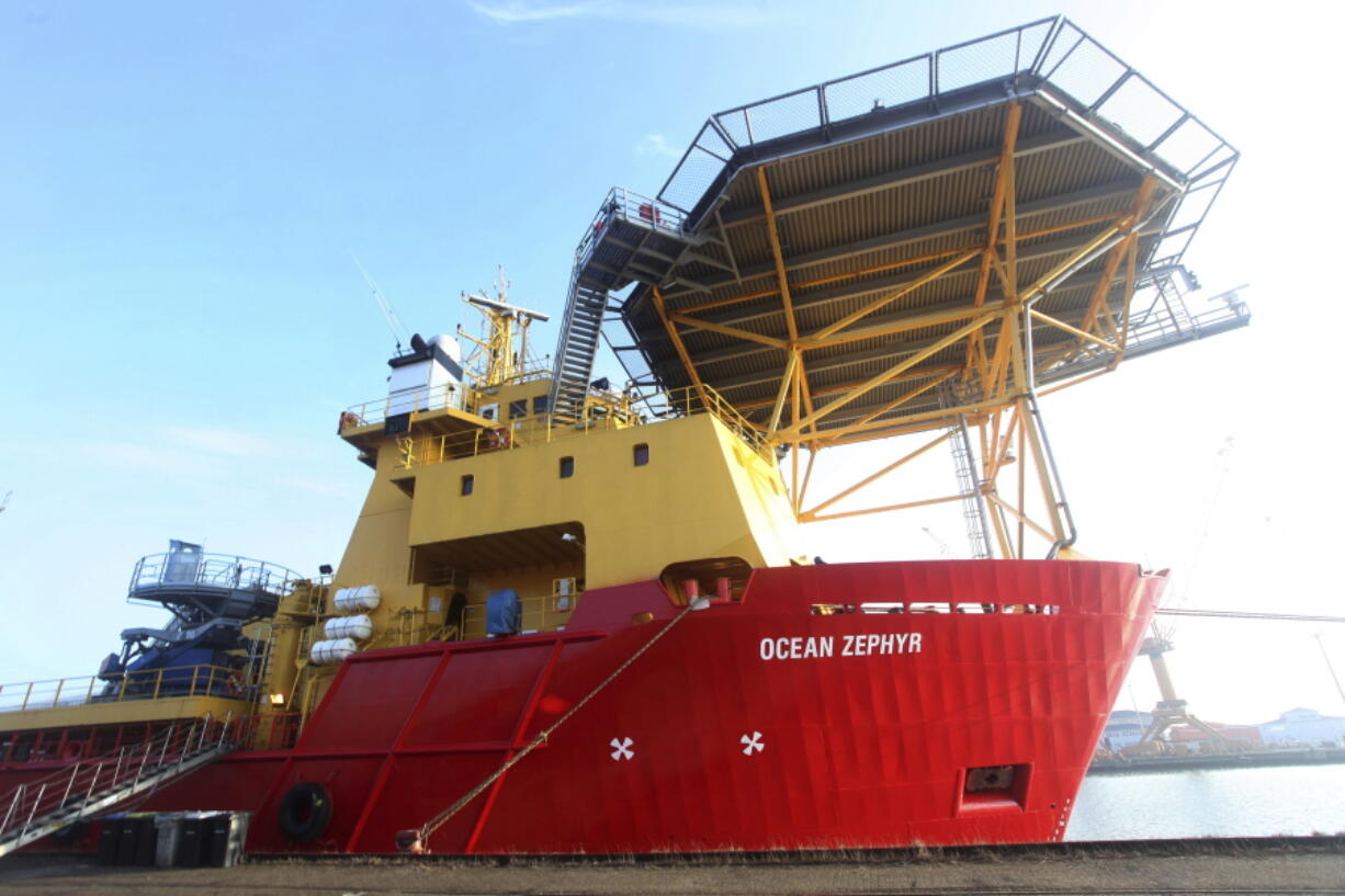 The Ocean Zephyr stands docked in Bremerhaven, Germany, Wednesday Jan. 23, 2019. The Britain-based Nekton Mission will use submarines to go 300 meters below the surface and sonar equipment to survey depths of up to 2,000 meters once the Ocean Zephyr reaches the Seychelles. Final preparations were being made Thursday for the start of an unprecedented, years-long mission to explore the Indian Ocean, during which scientists hope to document changes taking place beneath the waves that could affect billions of people in the surrounding region over the coming decades.