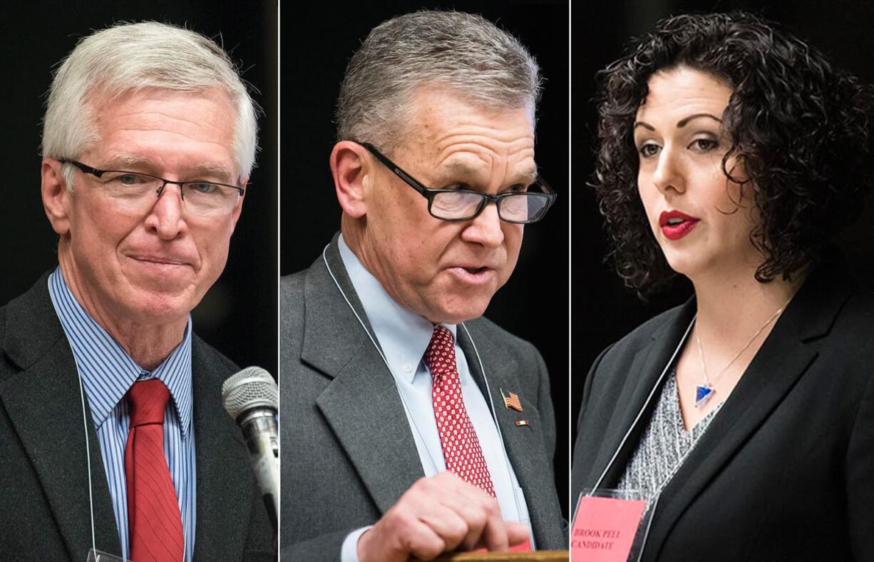 On Tuesday night, the Clark County Republican Party’s central committee nominated airline pilot and transportation activist John Ley, from left, retired California Superior Court Judge Gary Medvigy and Republican Party activist Brook Pell to fill the open seat on the council.