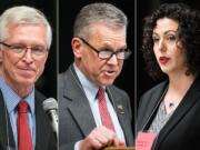 On Tuesday night, the Clark County Republican Party’s central committee nominated airline pilot and transportation activist John Ley, from left, retired California Superior Court Judge Gary Medvigy and Republican Party activist Brook Pell to fill the open seat on the council.