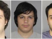 This combination of three Jan. 22, 2019, photographs released by the Greece Police Department in Greece, N.Y., shows Brian Colaneri, from left, Andrew Crysel and Vincent Vetromile. Authorities said that the three men were charged with plotting to attack a rural upstate New York Muslim community with explosives. The three Rochester, NY-area men are accused of plotting to attack Islamberg, a 60-acre Muslim enclave west of the Catskills, according to court papers.