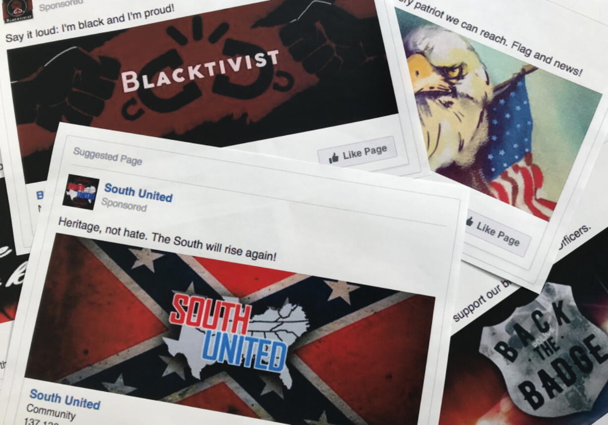 This Nov. 1, 2017 file photo shows prints of some of the Facebook ads linked to a Russian effort to disrupt the American political process and stir up tensions around divisive social issues, released by members of the U.S. House Intelligence committee, in Washington. According to a study published Wednesday, Jan. 9, 2019 in Science Advances, people over 65 and conservatives shared far more false information in 2016 on Facebook than others. Researchers say that for every piece of “fake news” shared by young adults or moderates or super liberals, senior citizens and very conservatives shared about 7 false items. Experts say seniors might not discern truth from fiction on social media as easily. They say sheer volume of pro-Trump false info may have skewed the sharing numbers to the right.