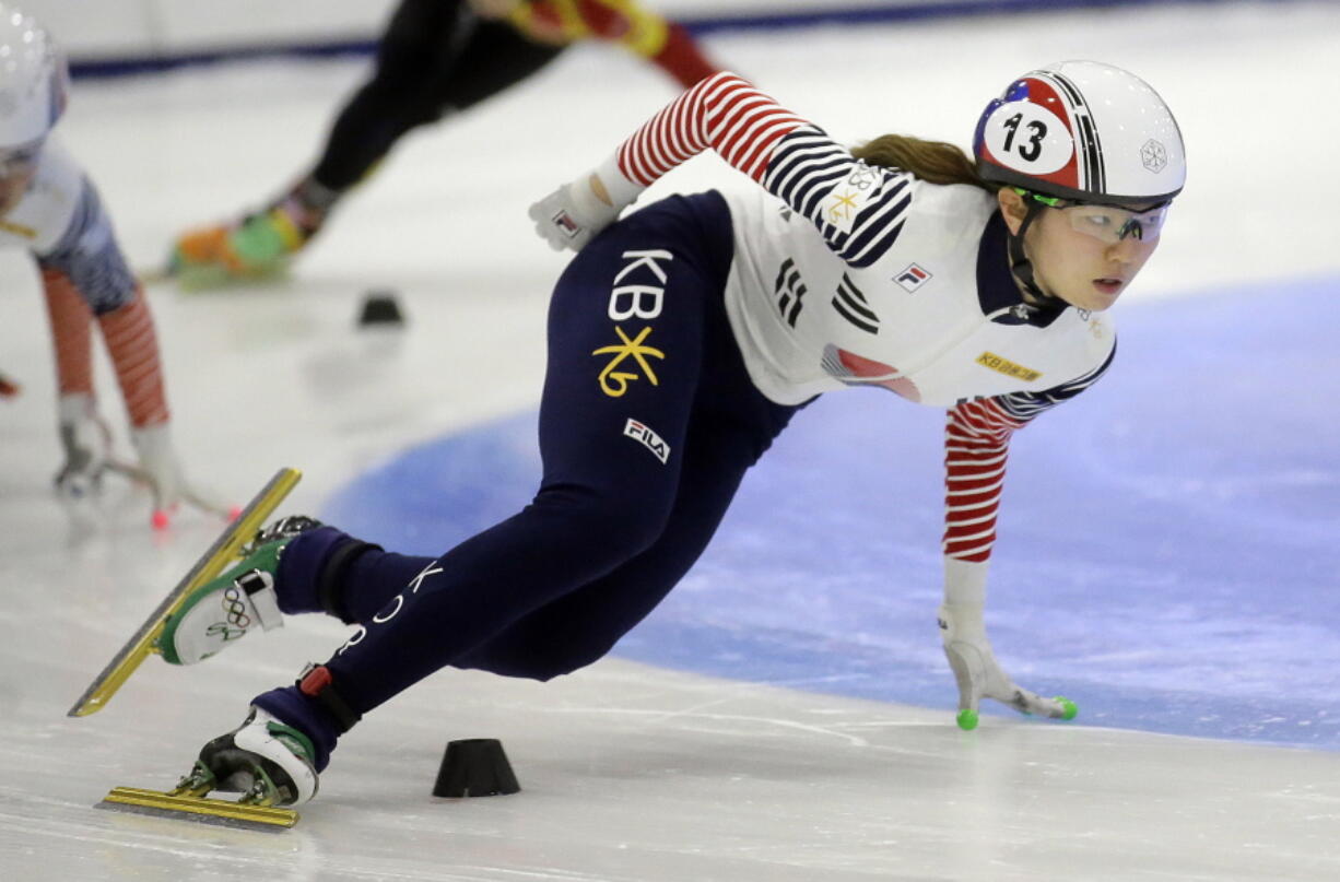 FILE - In this Nov. 13, 2016, file photo, first place finisher Shim Suk-hee, from South Korea, races during the women’s 1,500-meter finals at a World Cup short track speedskating event at the Utah Olympic Oval in Kearns, Utah. More South Korean female skaters are saying they have been sexually abused by their coaches following explosive claims by two-time Olympic champion Shim that she had been raped by her former coach since she was a teen, according to group representing athletes on Monday, Jan. 21, 2019.