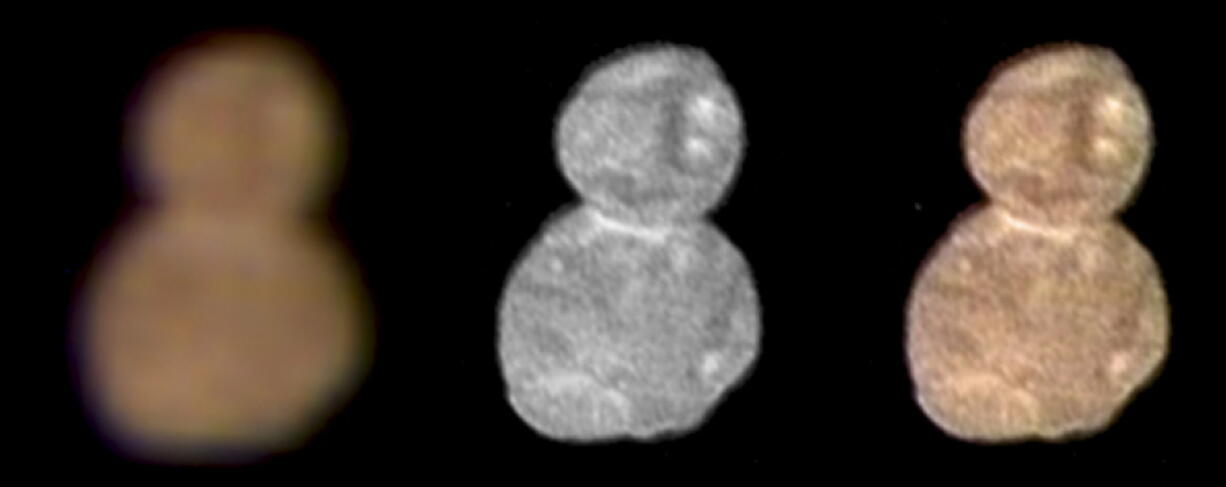 These images with separate color and detail information, and a composited image of both, showing Ultima Thule, about 1 billion miles beyond Pluto. The New Horizons spacecraft encountered it on Tuesday.