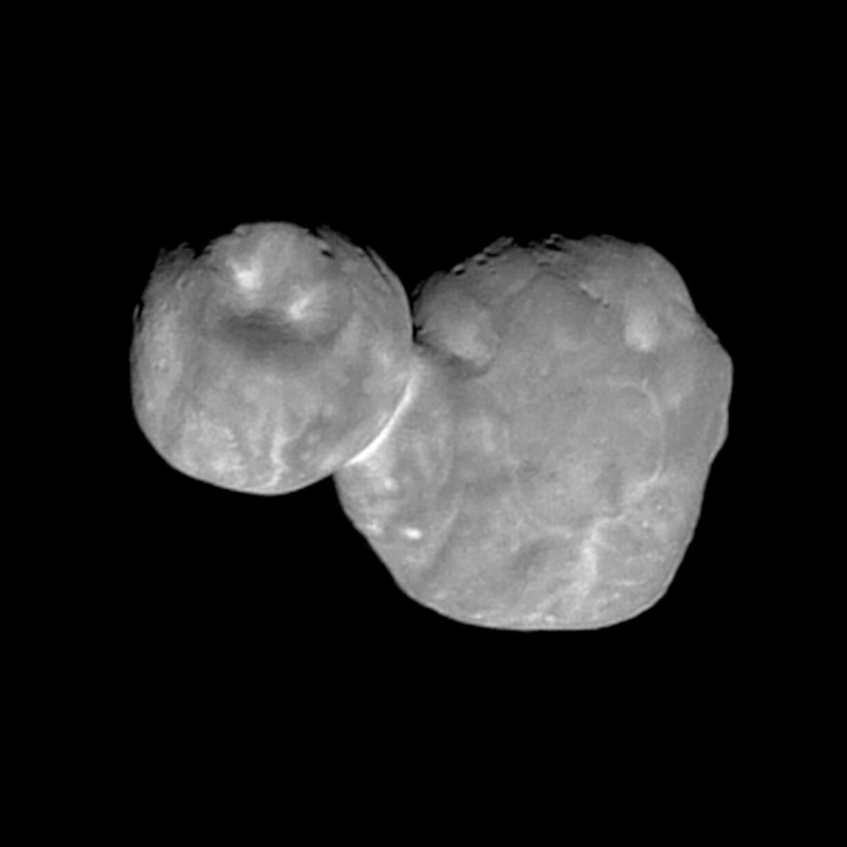 This Tuesday, Jan. 1, 2019 image made available by NASA on Thursday, Jan. 24 shows the Kuiper belt object Ultima Thule, about 1 billion miles beyond Pluto, encountered by the New Horizons spacecraft. It will take almost two years for New Horizons to transmit all the data from the flyby, 4 billion miles (6.4 billion kilometers) away.