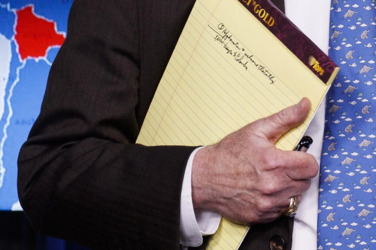 National security adviser John Bolton holds his notes during a press briefing at the White House, Monday, Jan. 28, 2019, in Washington.