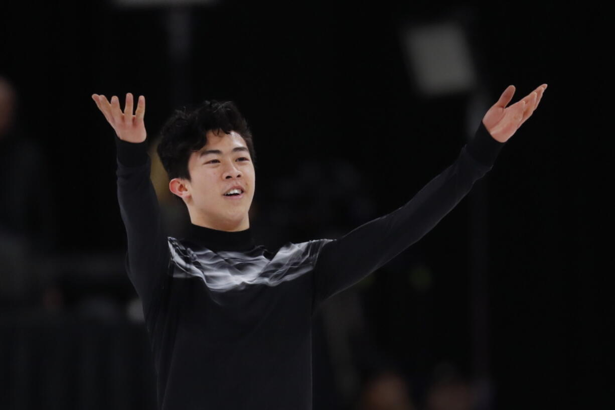 Nathan Chen acknowledges the audience after performing the men’s free skate at the U.S. Figure Skating Championships, Sunday, Jan. 27, 2019, in Detroit.