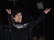 Nathan Chen acknowledges the audience after performing the men’s free skate at the U.S. Figure Skating Championships, Sunday, Jan. 27, 2019, in Detroit.