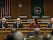 From left, House Speaker Frank Chopp, D-Seattle, Sen. Keith Wagoner, R-Sedro-Woolley, the ranking Republican on the Behavioral Health Subcommittee, Sen. Manka Dhingra, D-Redmond, chairwoman of the Behavioral Health Subcommittee, and Sen. Joe Schmick, R-Colfax, ranking Republican on the House Health Care and Wellness Committee, take part in the Mental Health Reform Panel discussion Thursday during the Associated Press Legislative Preview at the Capitol in Olympia. The Legislature opens the 2019 session on Monday.