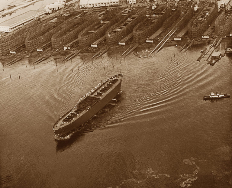 Aerial photos taken by Lev Richards, during the first ship launching at Vancouver’s Kaiser shipyard on April 5, 1943.