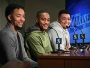 New Seattle Mariners players; from left, infielder JP Crawford, outfielder Mallex Smith and pitcher Justus Sheffield meet the media during the annual pre-spring training media event, Thursday, Jan. 24, 2019 in Seattle.