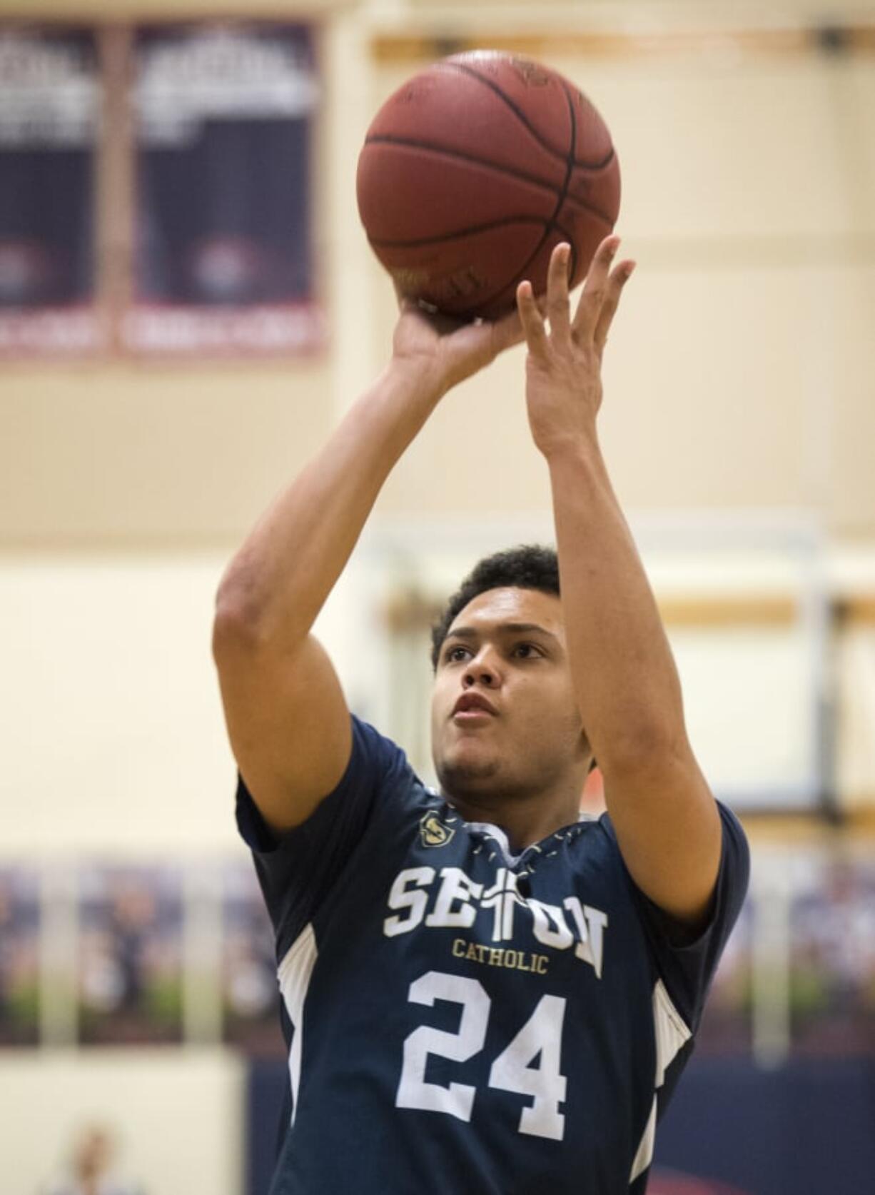 Seton’s Delano Morgan (24) shoots during Friday night’s game at King’s Way High School in Vancouver on Jan. 25, 2019. King’s Way won 75-66.