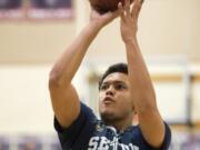 Seton’s Delano Morgan (24) shoots during Friday night’s game at King’s Way High School in Vancouver on Jan. 25, 2019. King’s Way won 75-66.