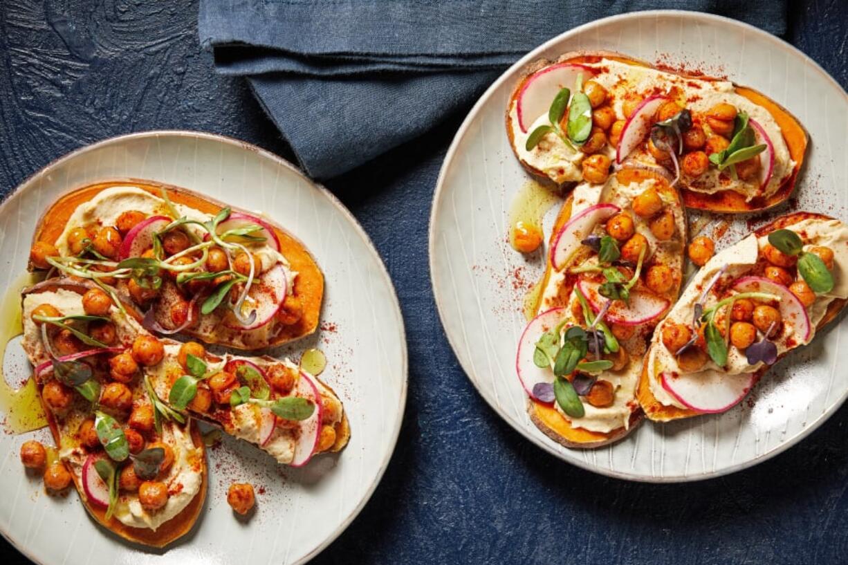 Sweet Potato Toasts With Hummus, Radish and Sunflower Sprouts.