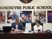 Superintendent Steve Webb and Board President Rosemary Fryer begin the Vancouver Public Schools board meeting in August 2018.