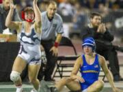 Union's Krista Warren celebrates her 21-1over Bremerton Girls Haley Michaelson, in their Girls 140-pound Championship match on Saturday, February 16, 2019 at the Mat Classic XXXI Championships held in the Tacoma Dome.